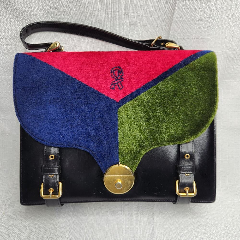 Roberta di Camerino Red and Black Velvet Leather Top Handle Handbag Purse Bag